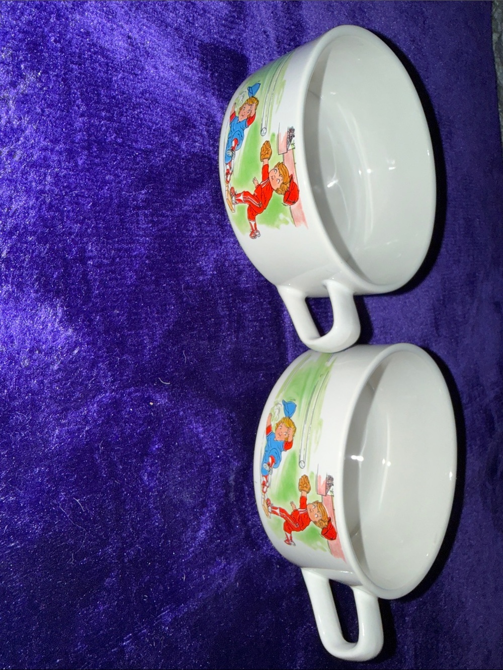 Vintage 1980s Campbell's soup bowls x2 with handles Baseball Player Graphic Cute